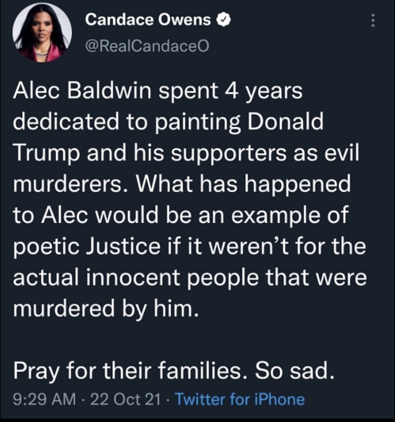 Candace Owens appears to justify Alec Baldwin’s onset accident calling it poetic justice because he doesn’t like Trump