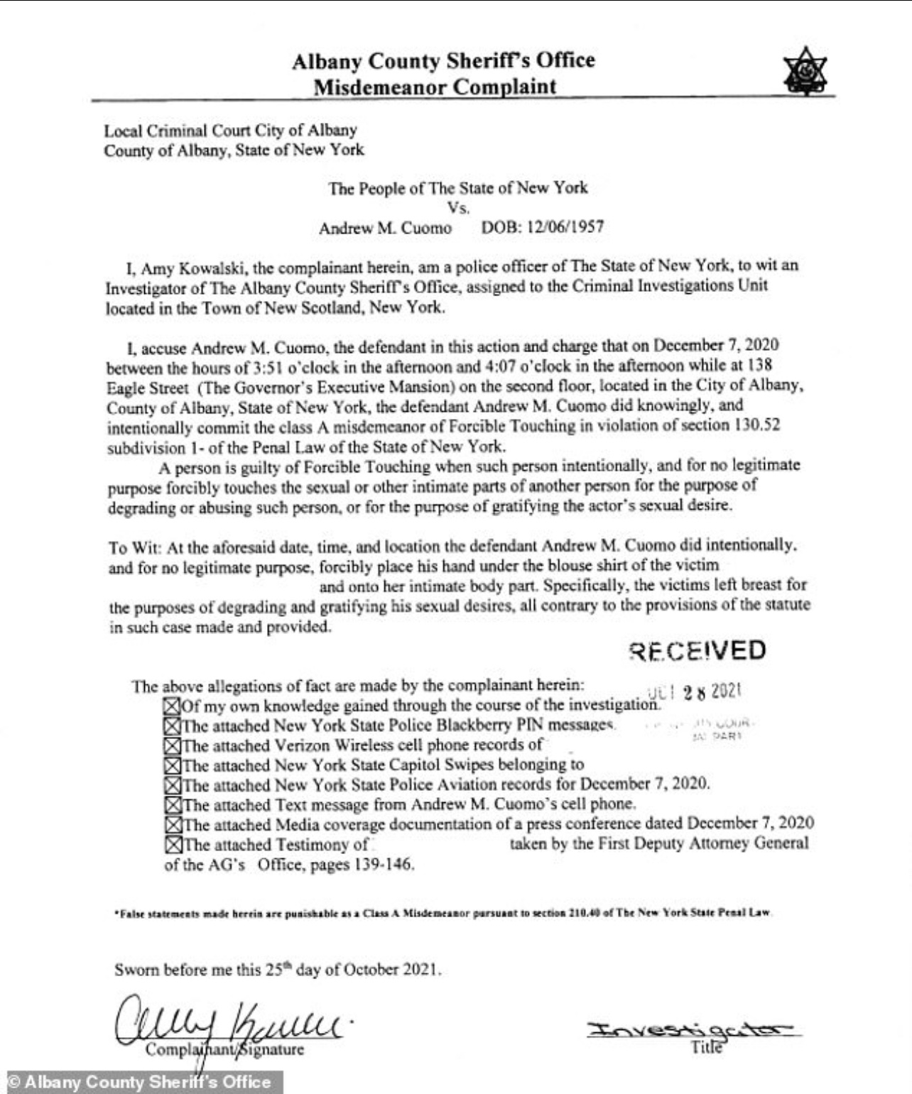 READ IT: The criminal complaint that brought down Andrew Cuomo and *may* carry time in prison